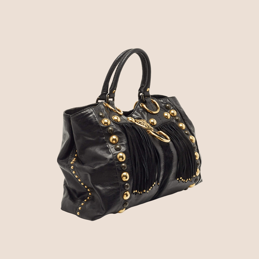 GUCCI BLACK GLAZED LEATHER SUEDE BABOUSKA HEART TOTE BAG