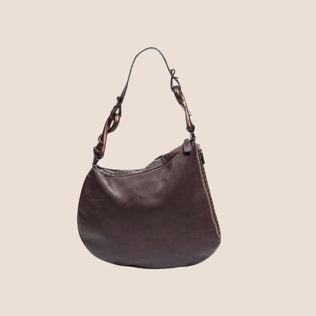 FENDI BROWN LEATHER SPIDER WEB OYSTER BAG