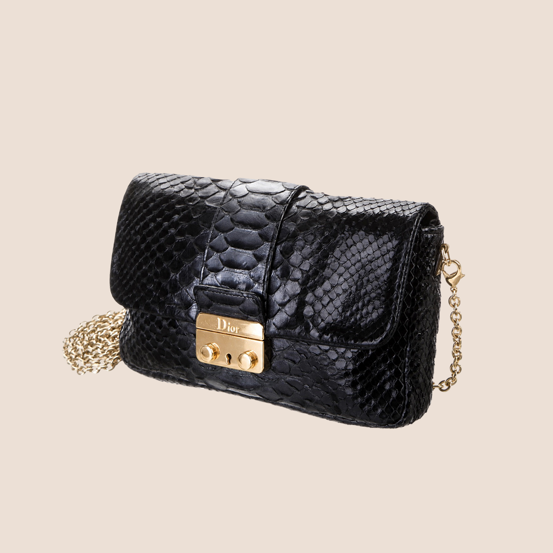 CHRISTIAN DIOR BLACK PYTHON NEW LOCK PROMENADE BAG