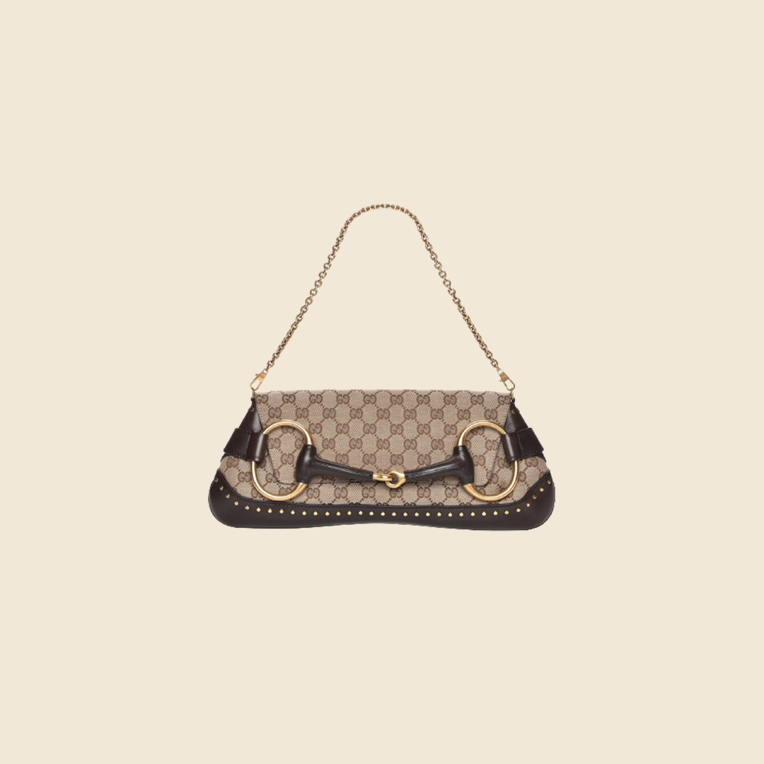 GUCCI BY TOM FORD MONOGRAM STUDDED BROWN HORSEBIT CLUTCH