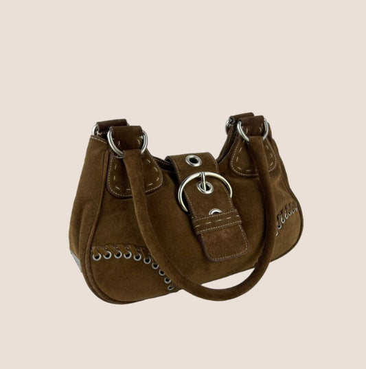 PRADA 2000 BROWN SUEDE WHIPSTITCH MOON BAG