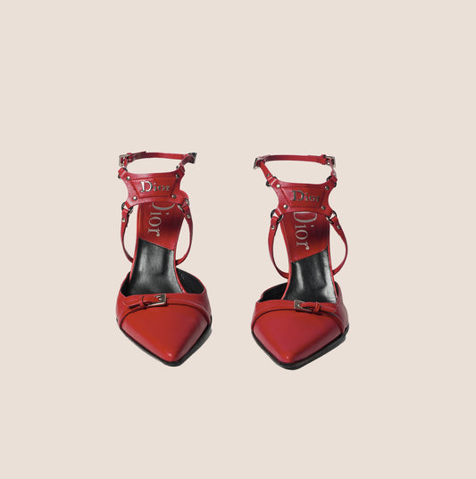 CHRISTIAN DIOR 2003 RED LEATHER BONDAGE HEELS