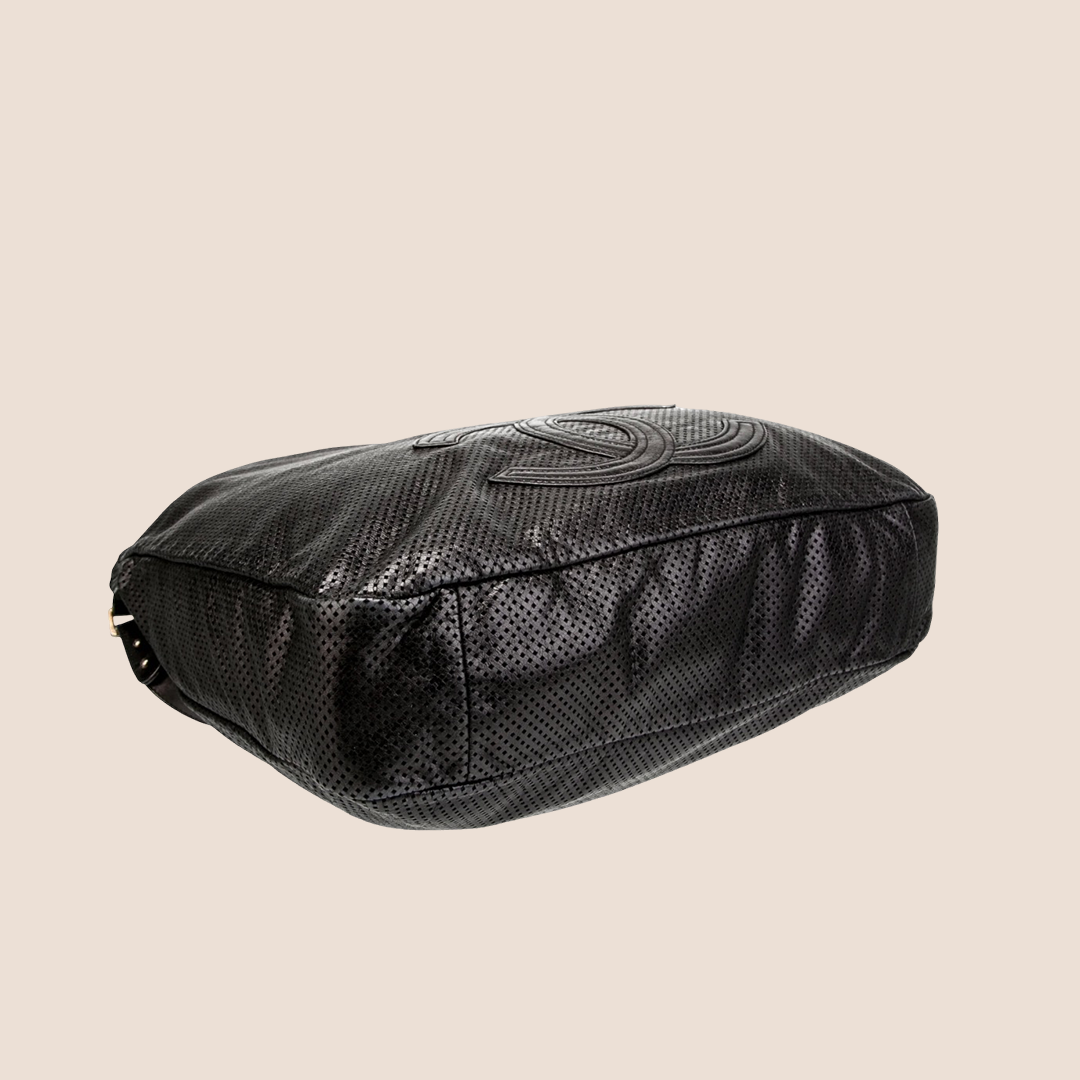 CHANEL METALLIC BLACK PERFORATED RODEO HOBO BAG