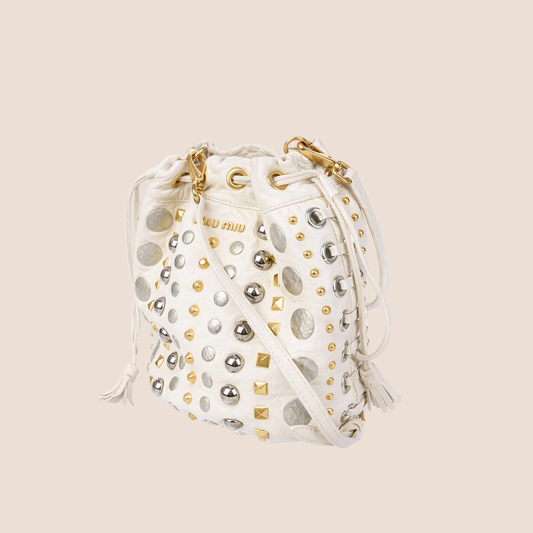 MIU MIU 2009 WHITE LEATHER STUDDED BUCKET BAG