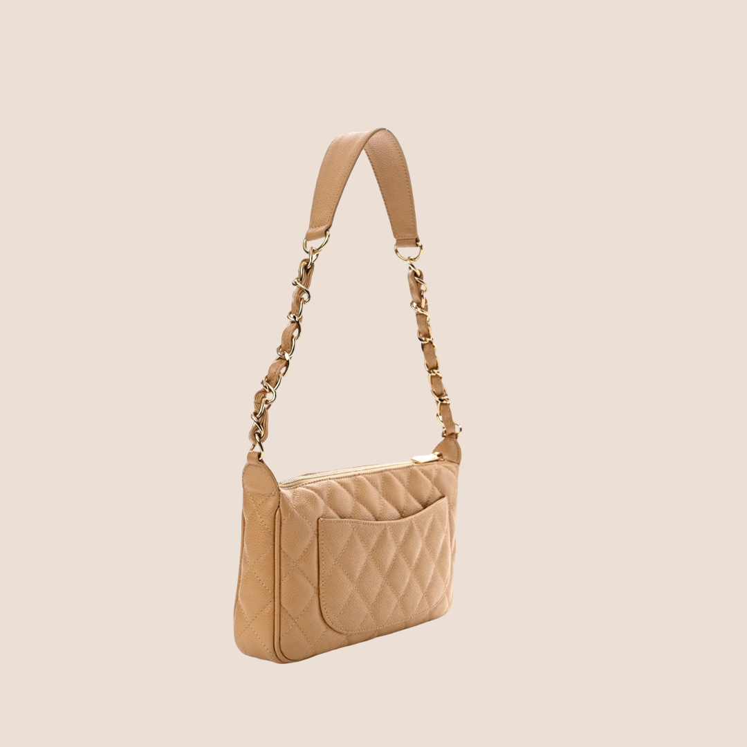 CHANEL BEIGE CAVIAR QUILTED CC SHOULDER BAG