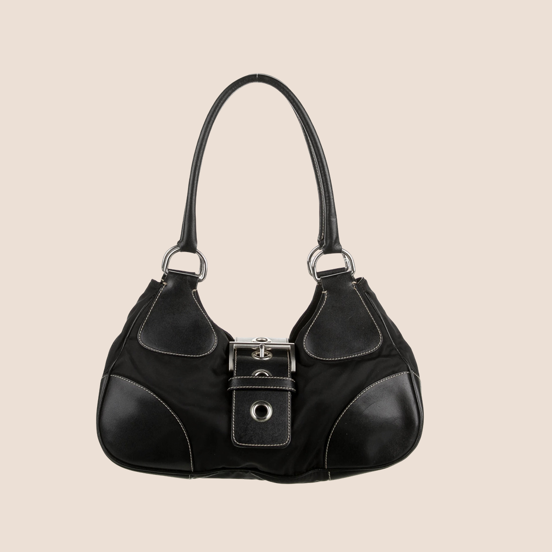 PRADA 2000 BLACK NYLON & LEATHER MOON BAG