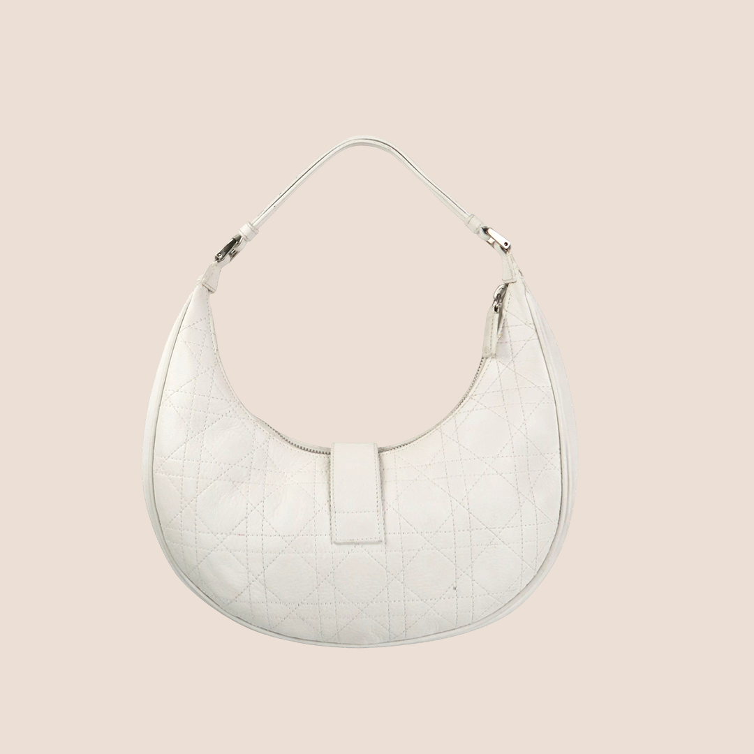 CHRISTIAN DIOR WHITE LEATHER CANNAGE D FLAP HALF MOON HOBO BAG