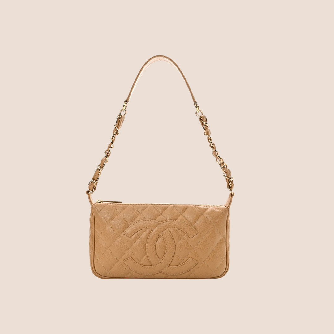 CHANEL BEIGE CAVIAR QUILTED CC SHOULDER BAG