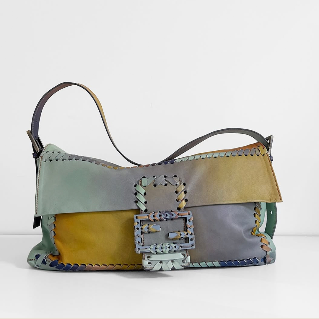 FENDI 2008 MULTICOLOR PASTEL LEATHER WHIPSTITCH JUMBO BAGUETTE BAG