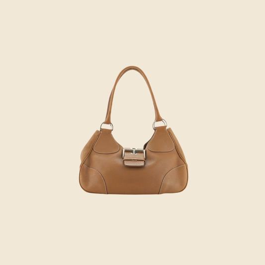PRADA MUSTARD BROWN LEATHER BUCKLE BAG