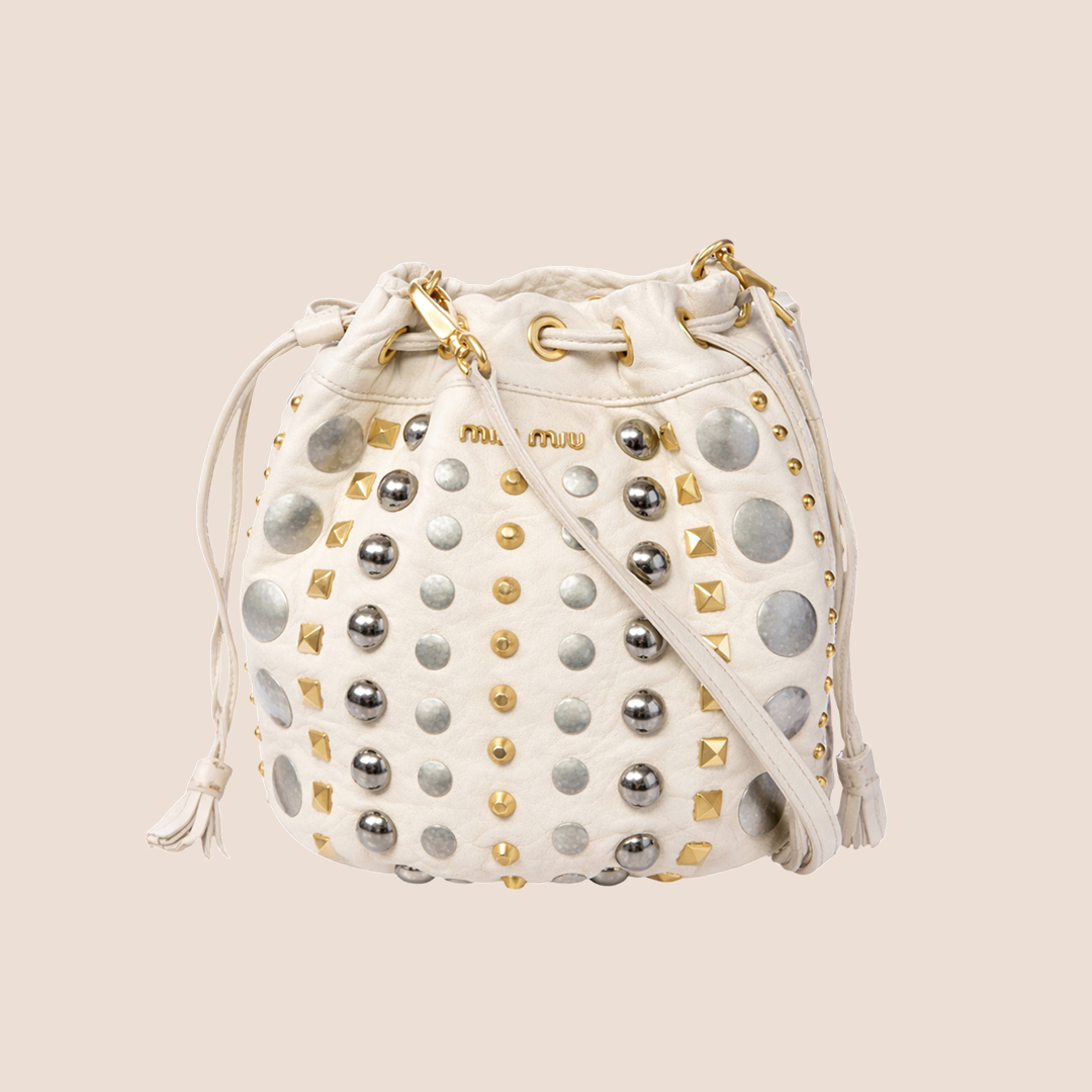 MIU MIU 2009 WHITE LEATHER STUDDED BUCKET BAG
