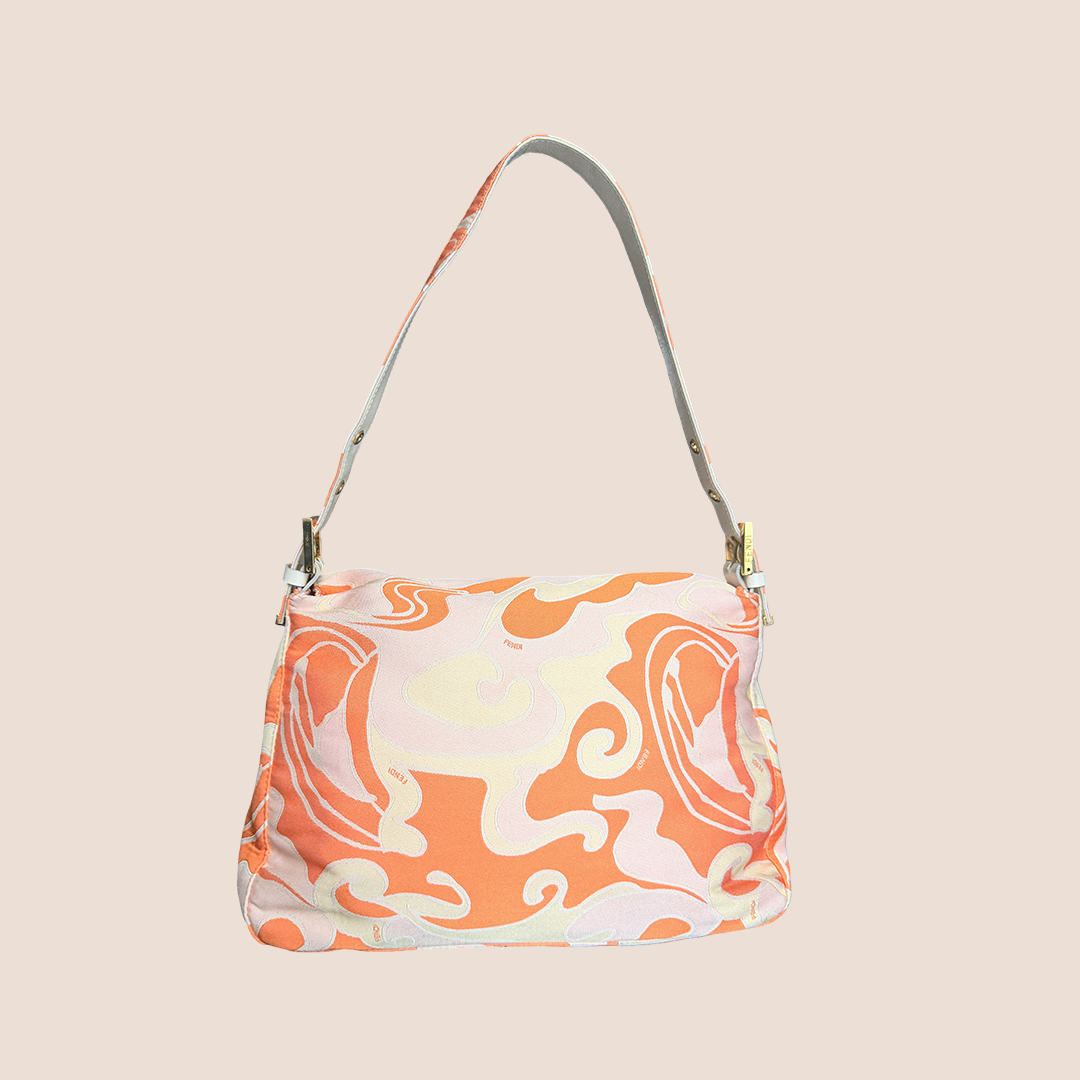 FENDI 2000s PSYCHEDELIC SWIRL ORANGE & CREAM SILK MAMMA BAGUETTE BAG
