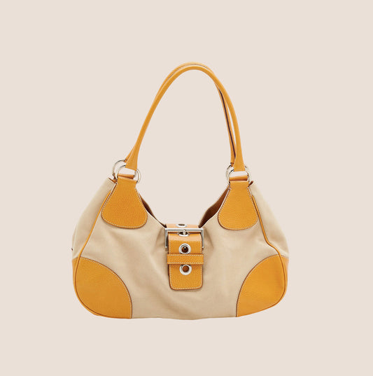 PRADA BEIGE & CARAMEL BROWN LEATHER MOON BAG