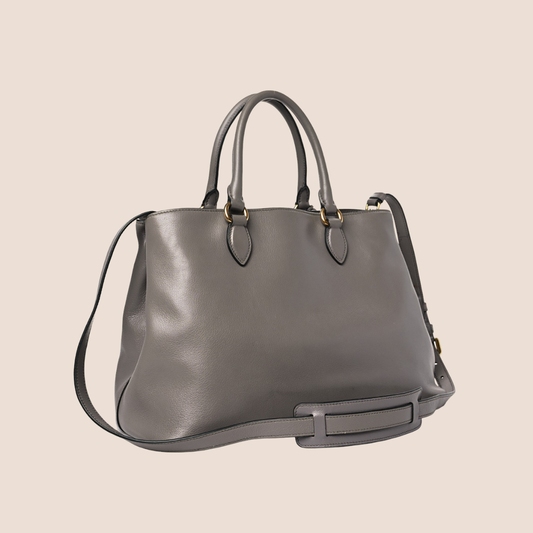 PRADA GLACE CALFKSKIN EMBOSSED LOGO ARGILLA TOTE BAG