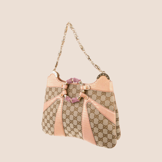 GUCCI GG CANVAS PINK & BROWN CRYSTAL BAMBOO CHAIN SHOULDER BAG