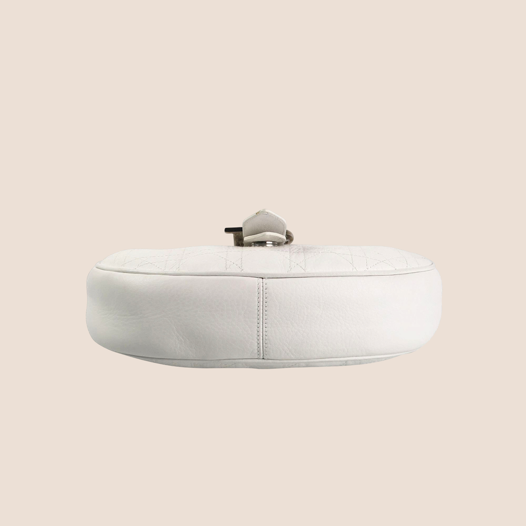 CHRISTIAN DIOR WHITE LEATHER CANNAGE D FLAP HALF MOON HOBO BAG