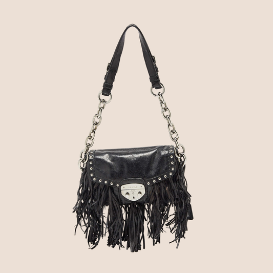 PRADA BLACK LEATHER FRINGE SHOULDER BAG