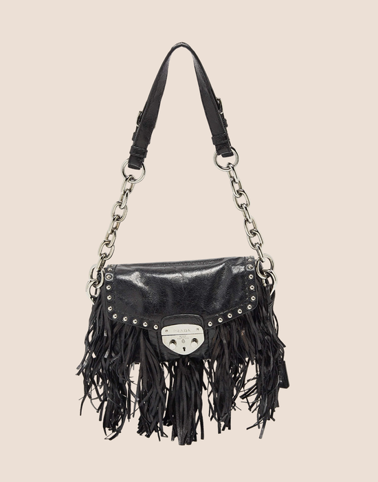 PRADA BLACK LEATHER FRINGE SHOULDER BAG