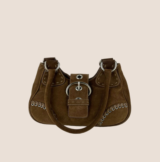 PRADA 2000 BROWN SUEDE WHIPSTITCH MOON BAG