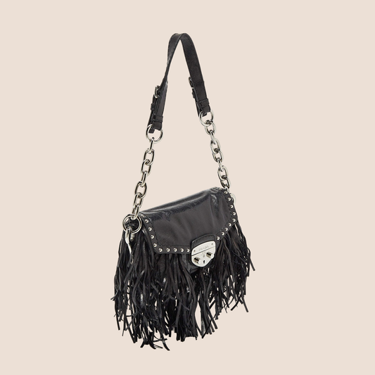 PRADA BLACK LEATHER FRINGE SHOULDER BAG