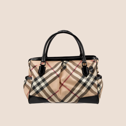 BURBERRY MADISON NOVA CHECK BLACK LEATHER DIAPER BAG