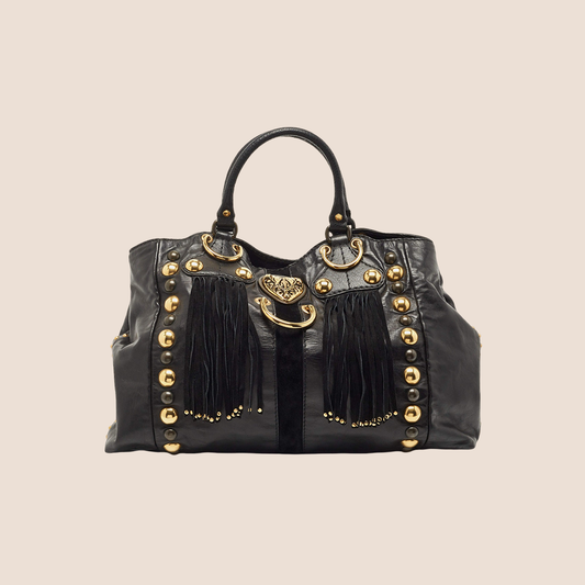 GUCCI BLACK GLAZED LEATHER SUEDE BABOUSKA HEART TOTE BAG