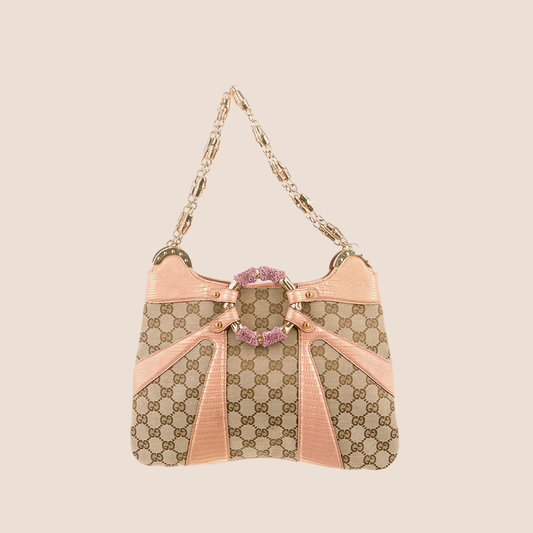 GUCCI GG CANVAS PINK & BROWN CRYSTAL BAMBOO CHAIN SHOULDER BAG