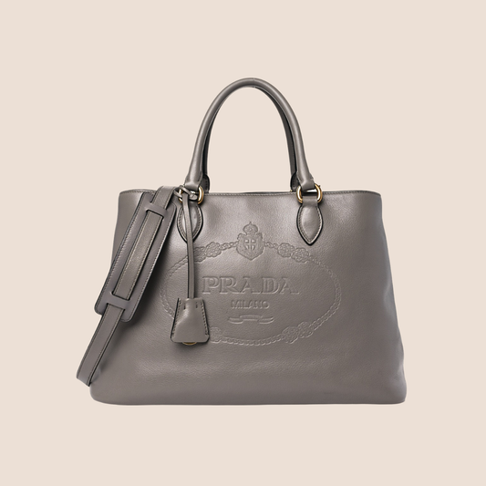 PRADA GLACE CALFKSKIN EMBOSSED LOGO ARGILLA TOTE BAG