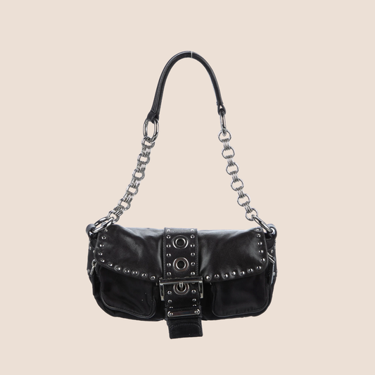 PRADA 2000 BLACK STUDDED NAPPA BUCKLE SHOULDER BAG