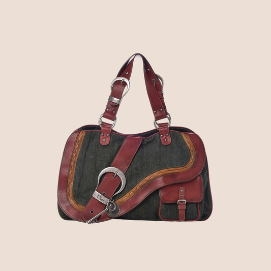 CHRISTIAN DIOR 2006 WASHED DENIM RED LEATHER DOUBLE SADDLE BAG