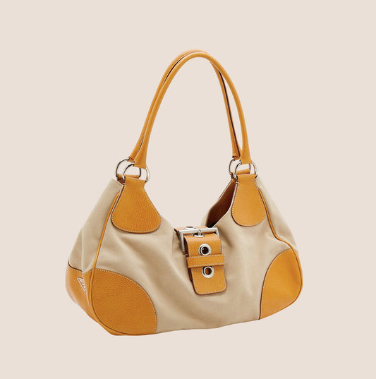 PRADA BEIGE & CARAMEL BROWN LEATHER MOON BAG