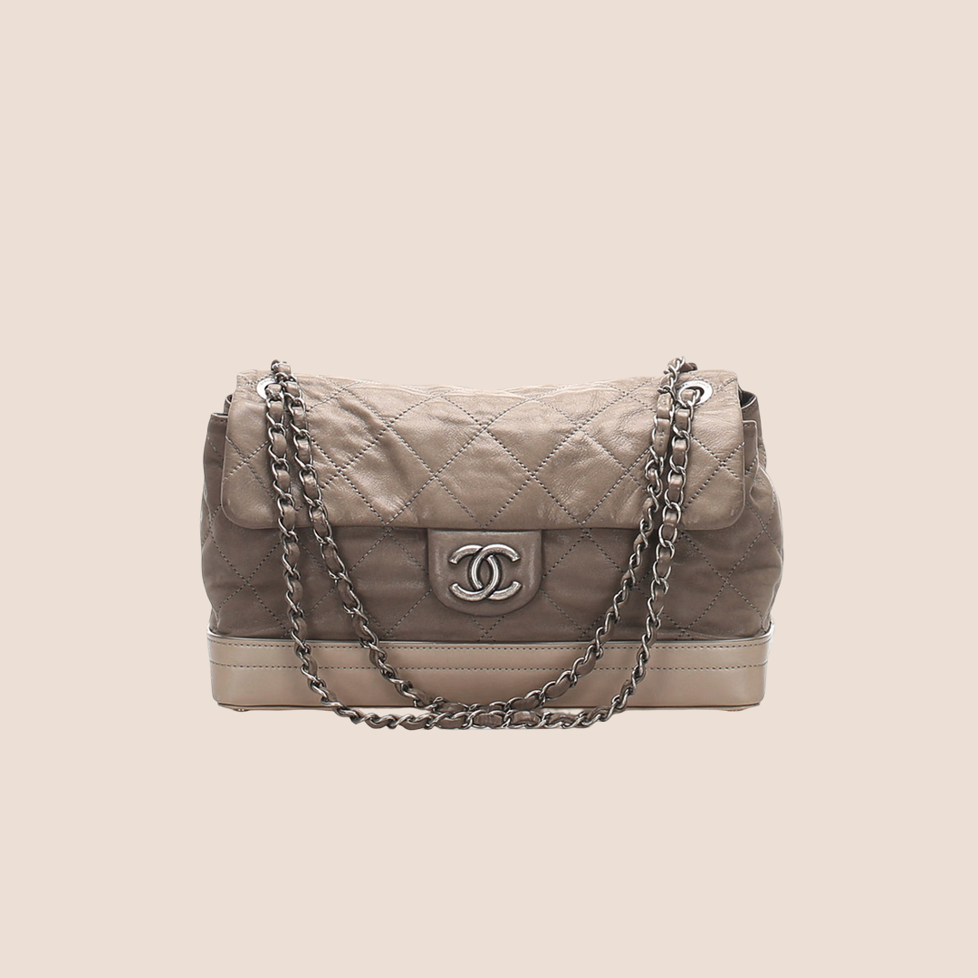 CHANEL 2011 BEIGE & GREY LEATHER VIP FLAP BAG