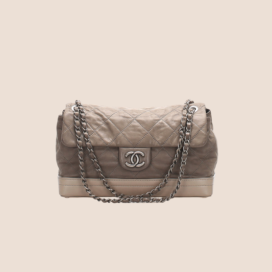 CHANEL 2011 BEIGE & GREY LEATHER VIP FLAP BAG