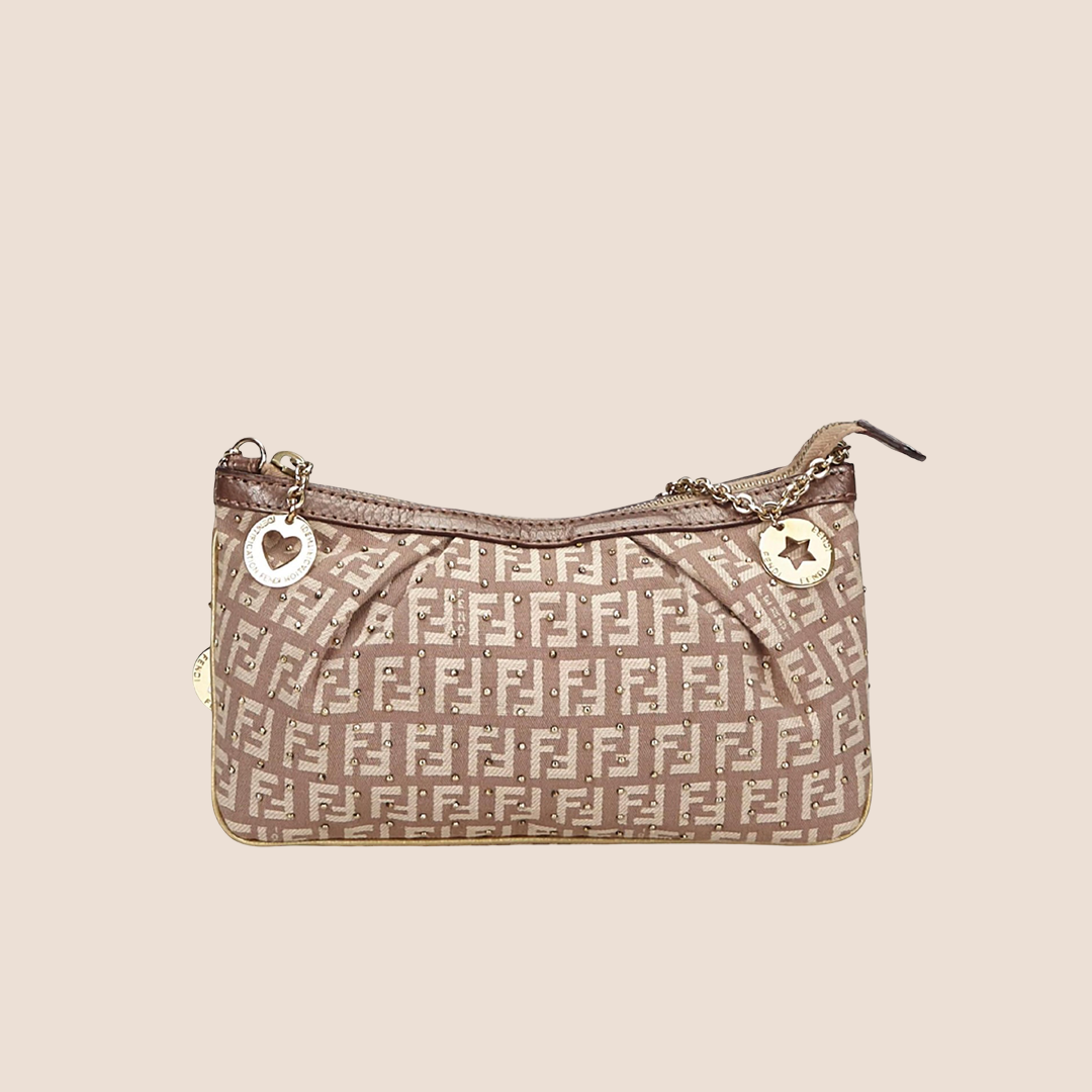 FENDI BRONZE ZUCCHINO STUDDED CANVAS CHARM CHAIN POCHETTE