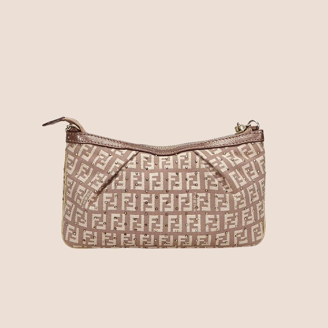 FENDI BRONZE ZUCCHINO STUDDED CANVAS CHARM CHAIN POCHETTE