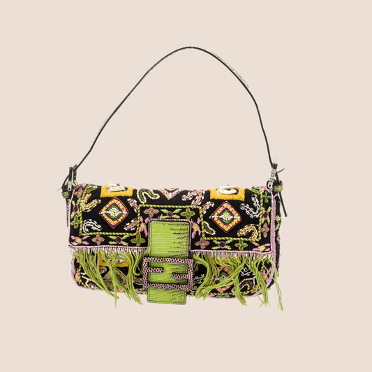 FENDI 2000 LIZARD TRIMMED BEADED BAGUETTE BAG