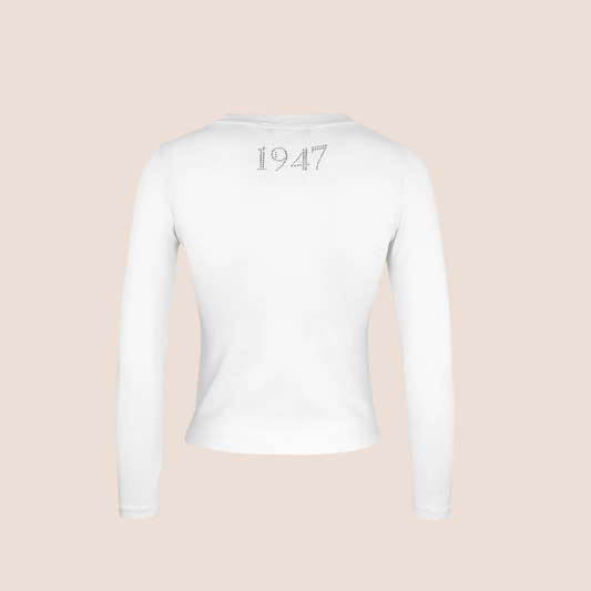 CHRISTIAN DIOR 2004 'J'ADORE DIOR' WHITE RHINESTONE LONG SLEEVED TOP