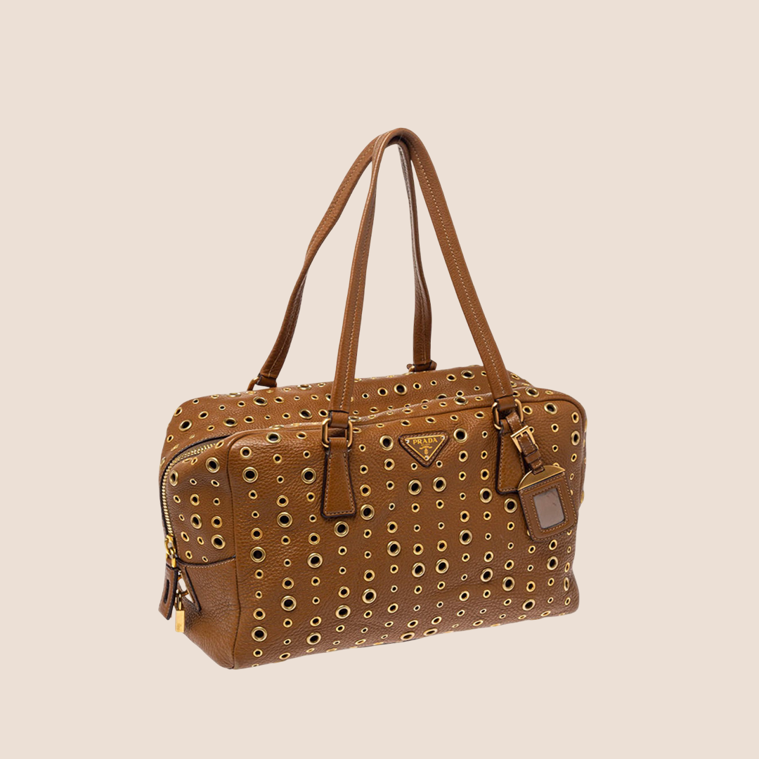 PRADA 2000 BROWN RIVET STUDDED BAULETTO BAG