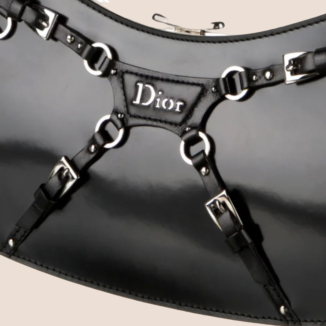 CHRISTIAN DIOR 2003 FALL BLACK LEATHER MINI BONDAGE CLUTCH