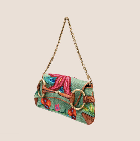 GUCCI BY TOM FORD MULITICOLOR FLORAL EMBROIDERED HORSEBIT CHAIN CLUTCH