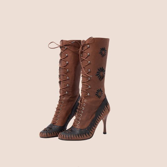 CHRISTIAN DIOR LEATHER FLORAL CUT-OUT LACE-UP BOOTS