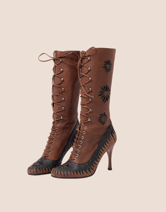 CHRISTIAN DIOR LEATHER FLORAL CUT-OUT LACE-UP BOOTS