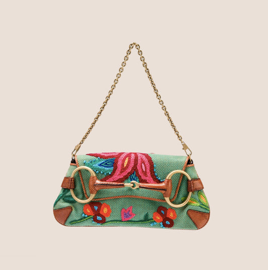 GUCCI BY TOM FORD MULITICOLOR FLORAL EMBROIDERED HORSEBIT CHAIN CLUTCH