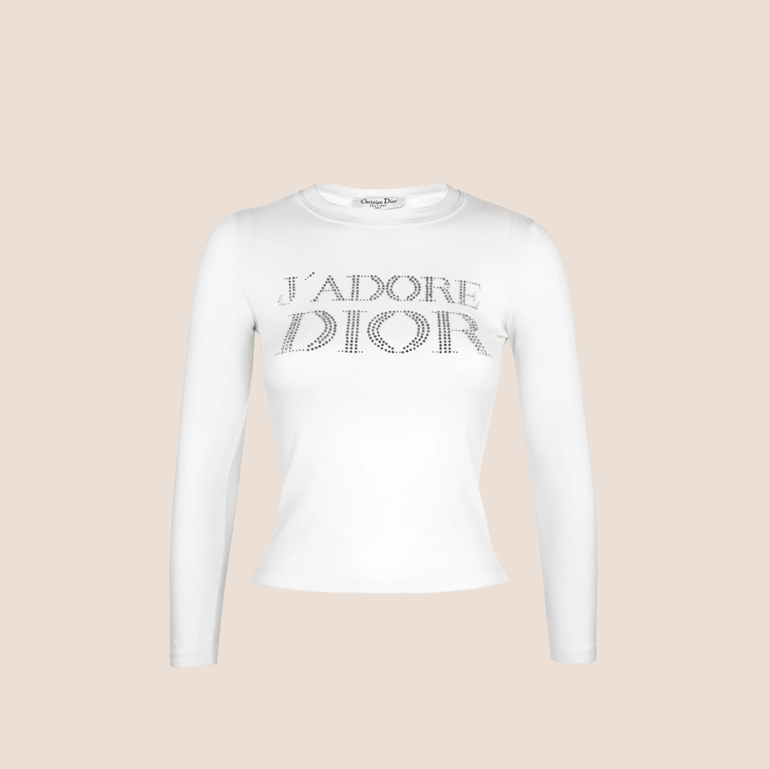 CHRISTIAN DIOR 2004 'J'ADORE DIOR' WHITE RHINESTONE LONG SLEEVED TOP