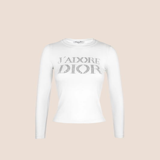CHRISTIAN DIOR 2004 'J'ADORE DIOR' WHITE RHINESTONE LONG SLEEVED TOP