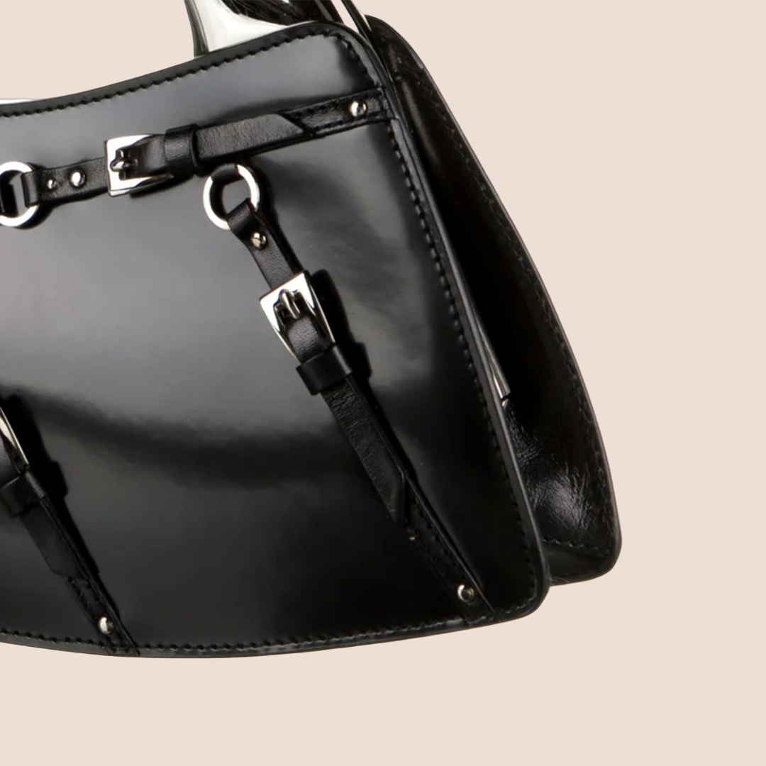 CHRISTIAN DIOR 2003 FALL BLACK LEATHER MINI BONDAGE CLUTCH