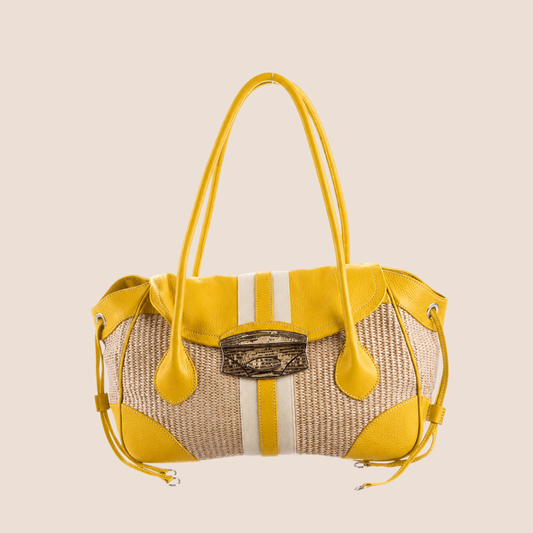 PRADA 2000 YELLOW VITELLO LEATHER & NYLON STRIPE RAFFIA BAG