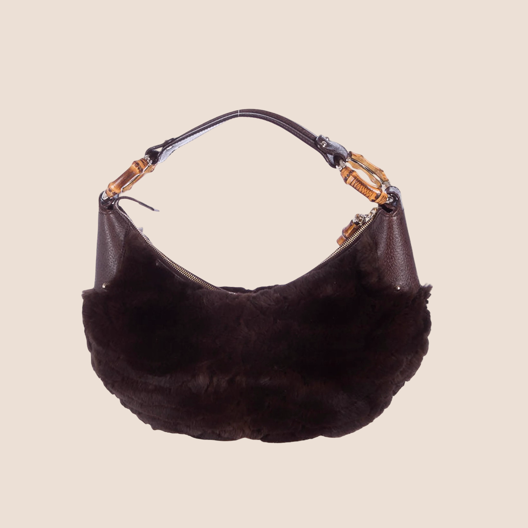 GUCCI BROWN RABBIT FUR BAMBOO HOBO BAG