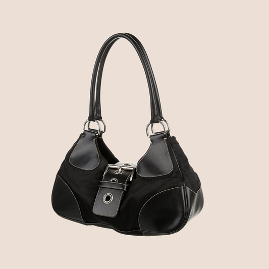 PRADA 2000 BLACK NYLON & LEATHER MOON BAG
