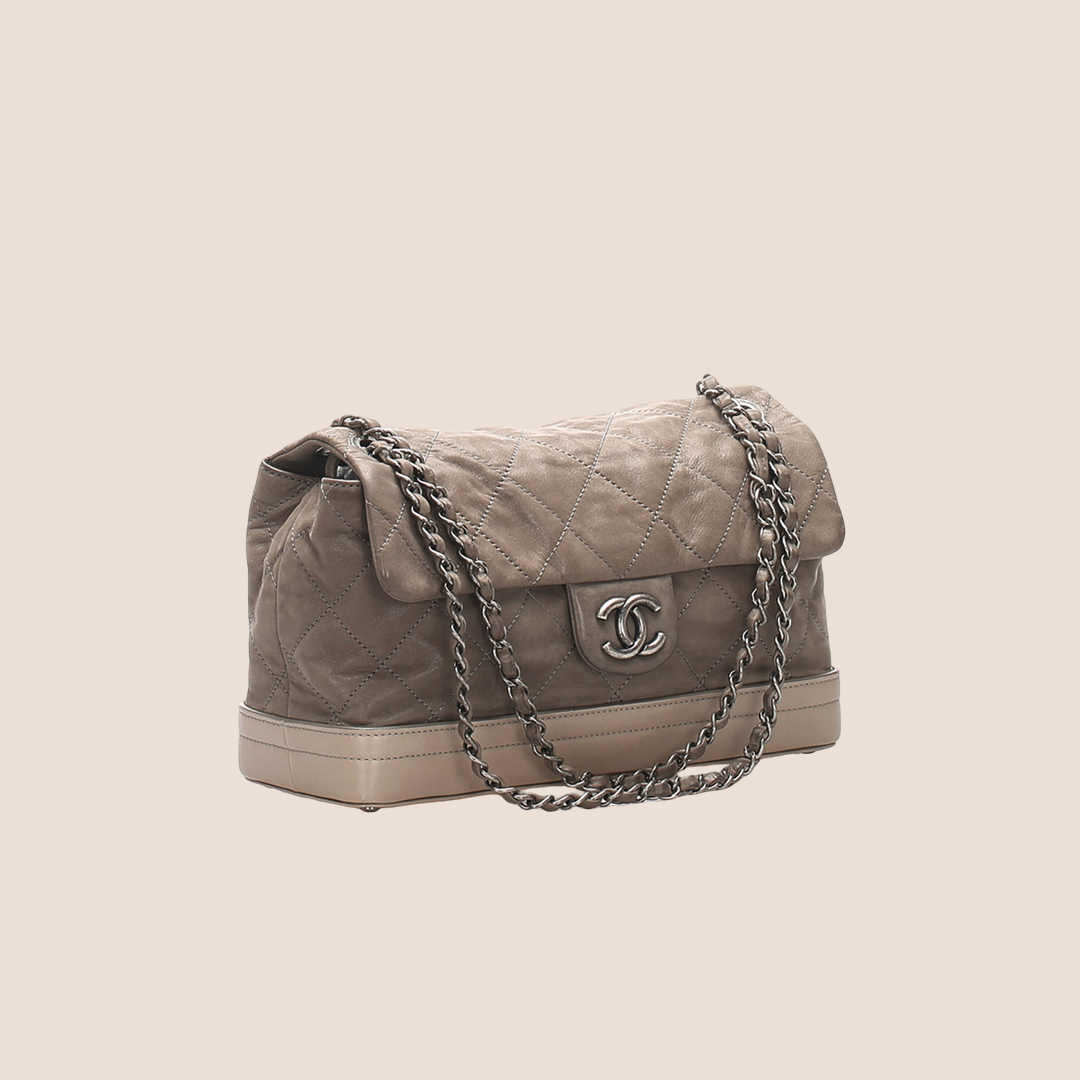 CHANEL 2011 BEIGE & GREY LEATHER VIP FLAP BAG